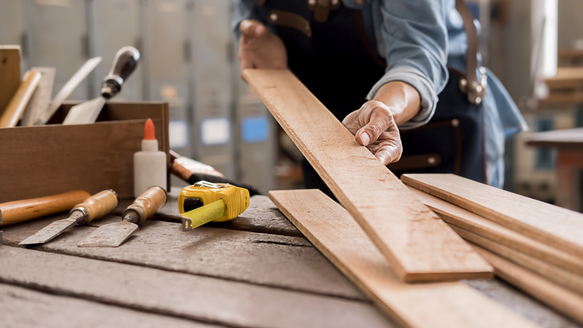 Carpentry tools and timber in a workshop