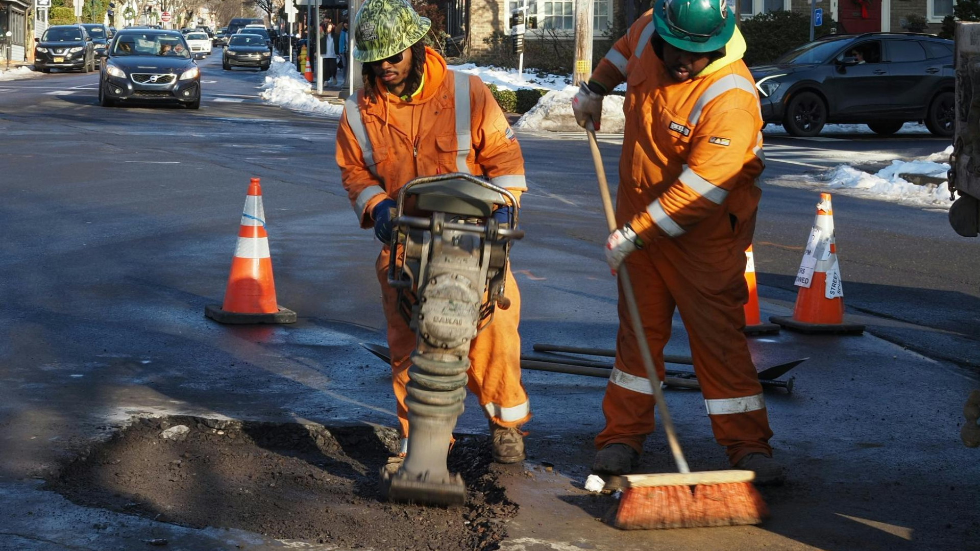 Roadworks team repairing a road